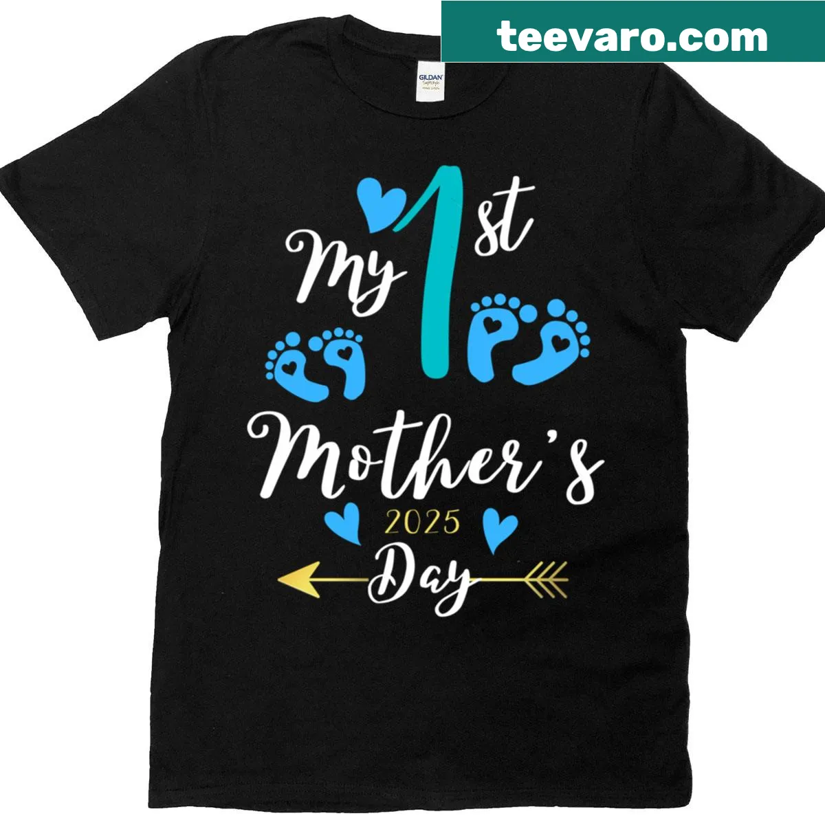 T-shirt celebrating My 1st Mother's Day with hearts and footprints design. — on a men's t-shirt