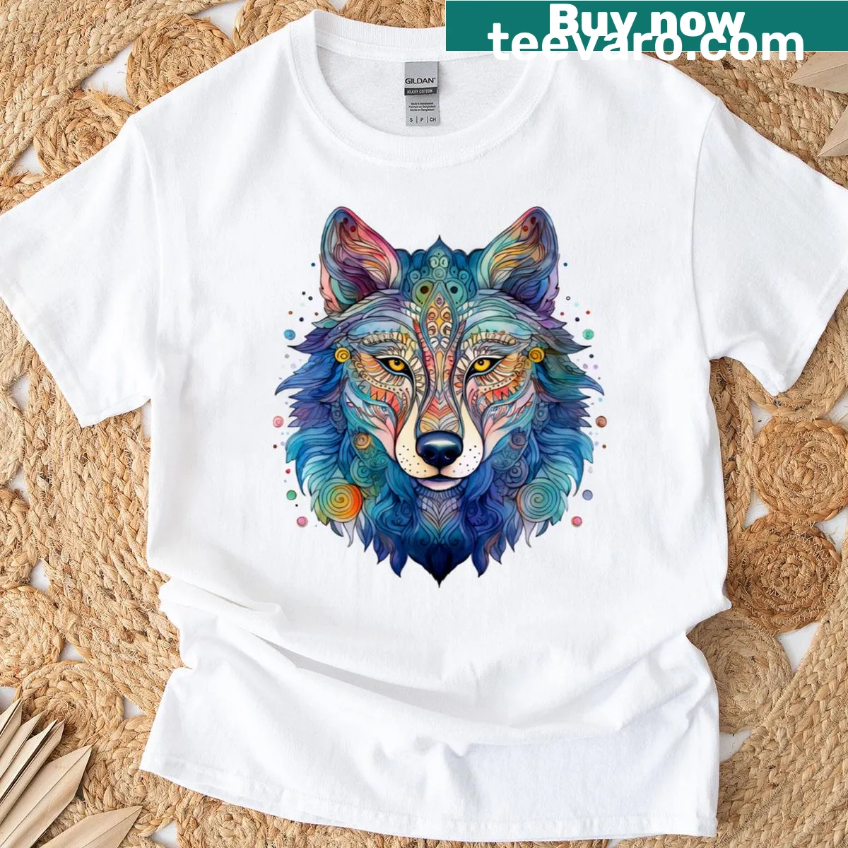Mandala-style T-shirt featuring a mystical spirit wolf design. — on a men's t-shirt