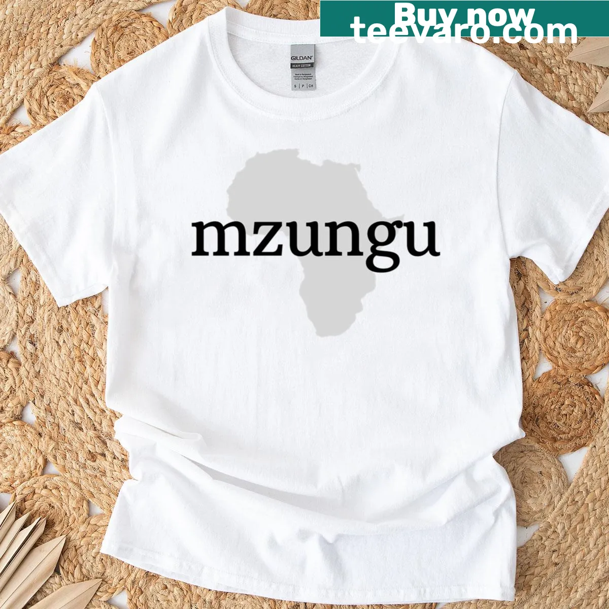 Illustrated Mzungu Africa t-shirt celebrating African culture and landscapes — on a men's t-shirt