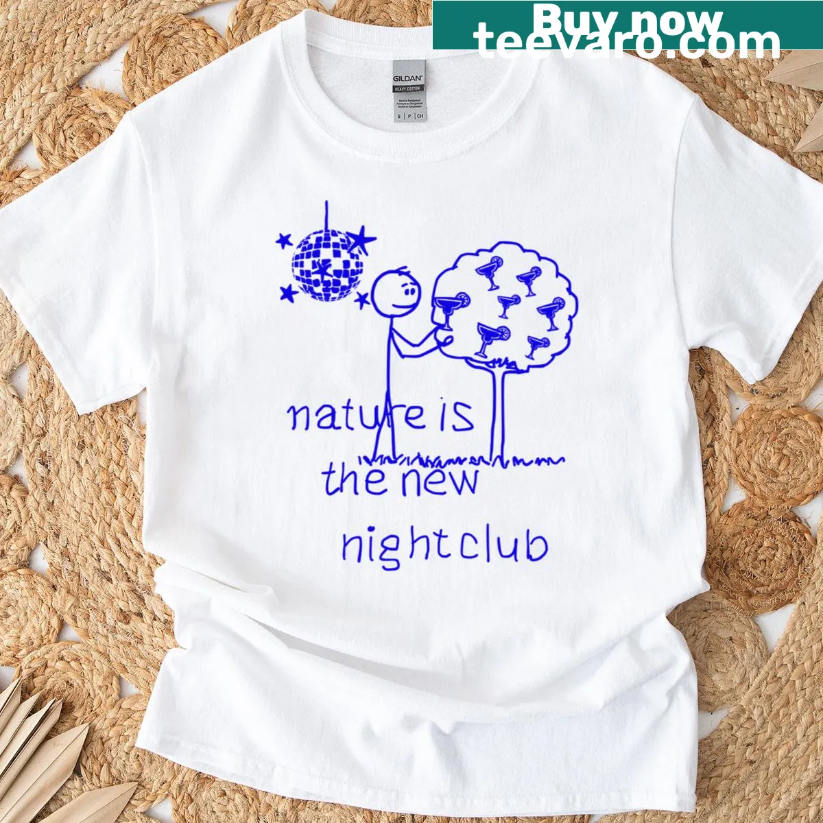 Minimalist T-shirt with text 'Nature Is The New Night Club' — on a men's t-shirt