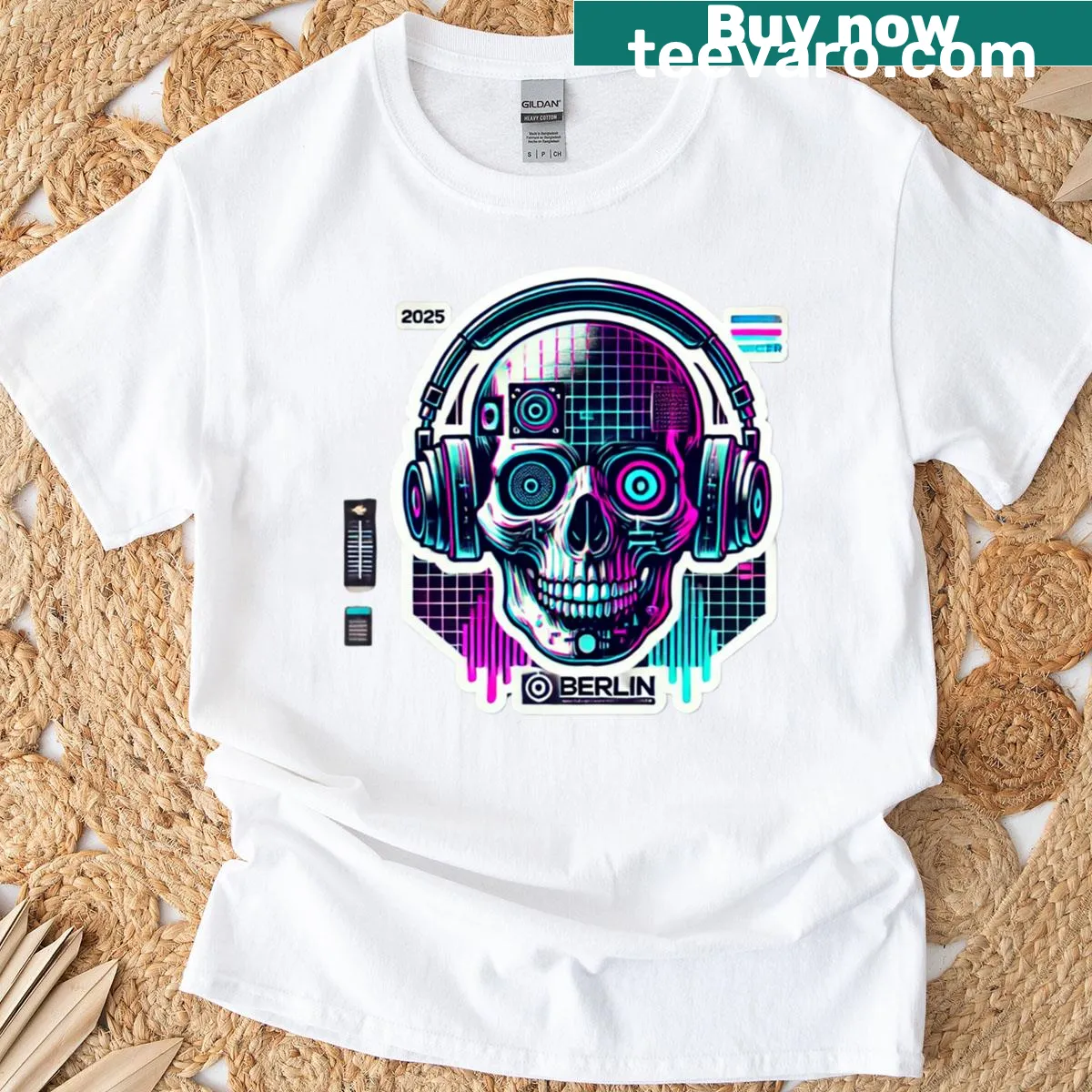 Bold Neon Rave Skull t-shirt with 'Drop The Bass' graphic — on a men's t-shirt