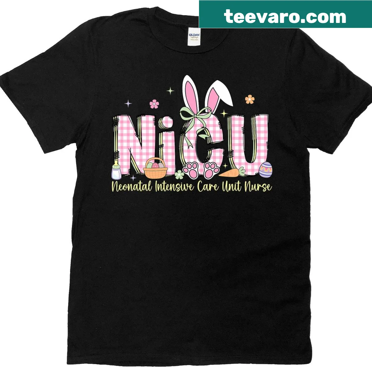 Cute NICU nursing t-shirt with bunny ears and stethoscope — on a men's t-shirt