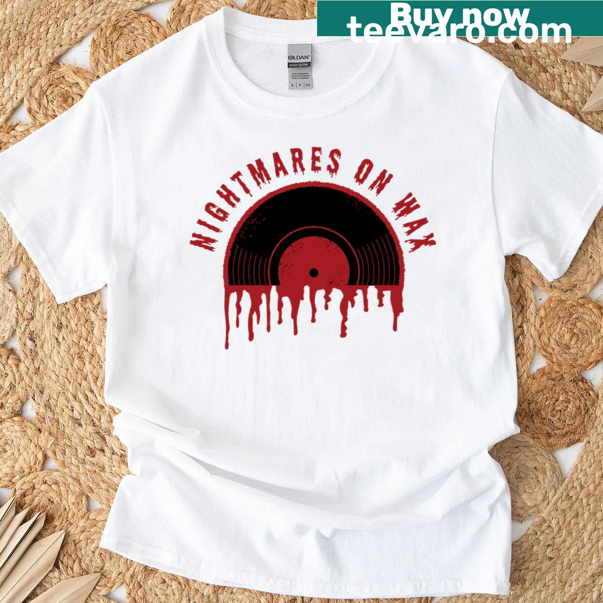 Cartoon T-shirt with record player design and dripping blood effect — on a men's t-shirt
