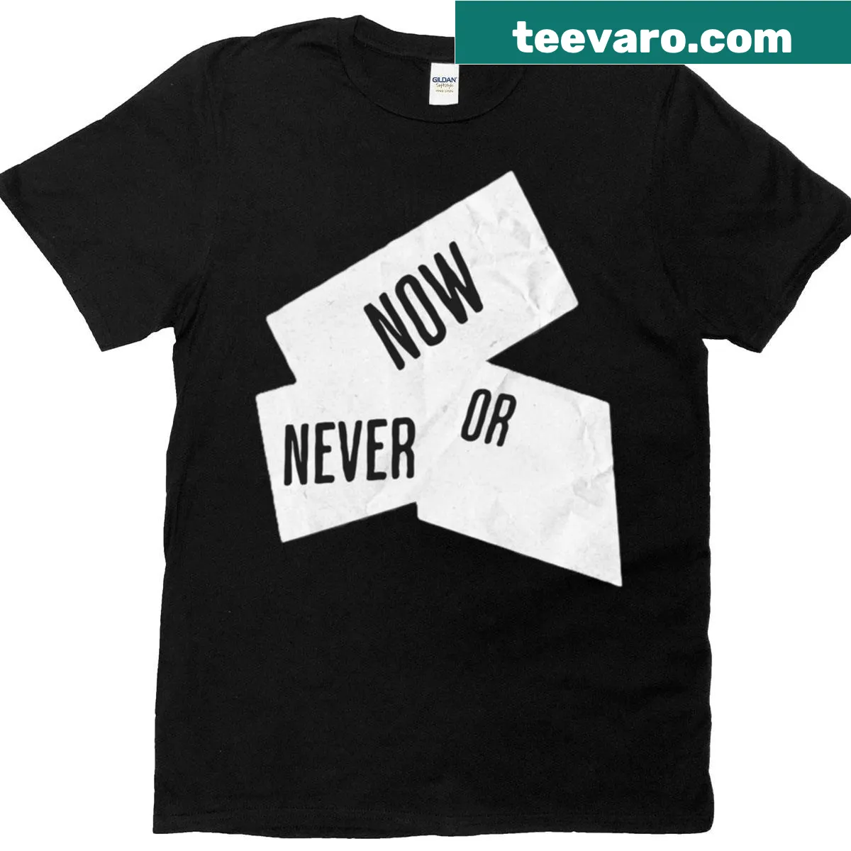 Motivational 'Now Or Never' typographic design t-shirt — on a men's t-shirt