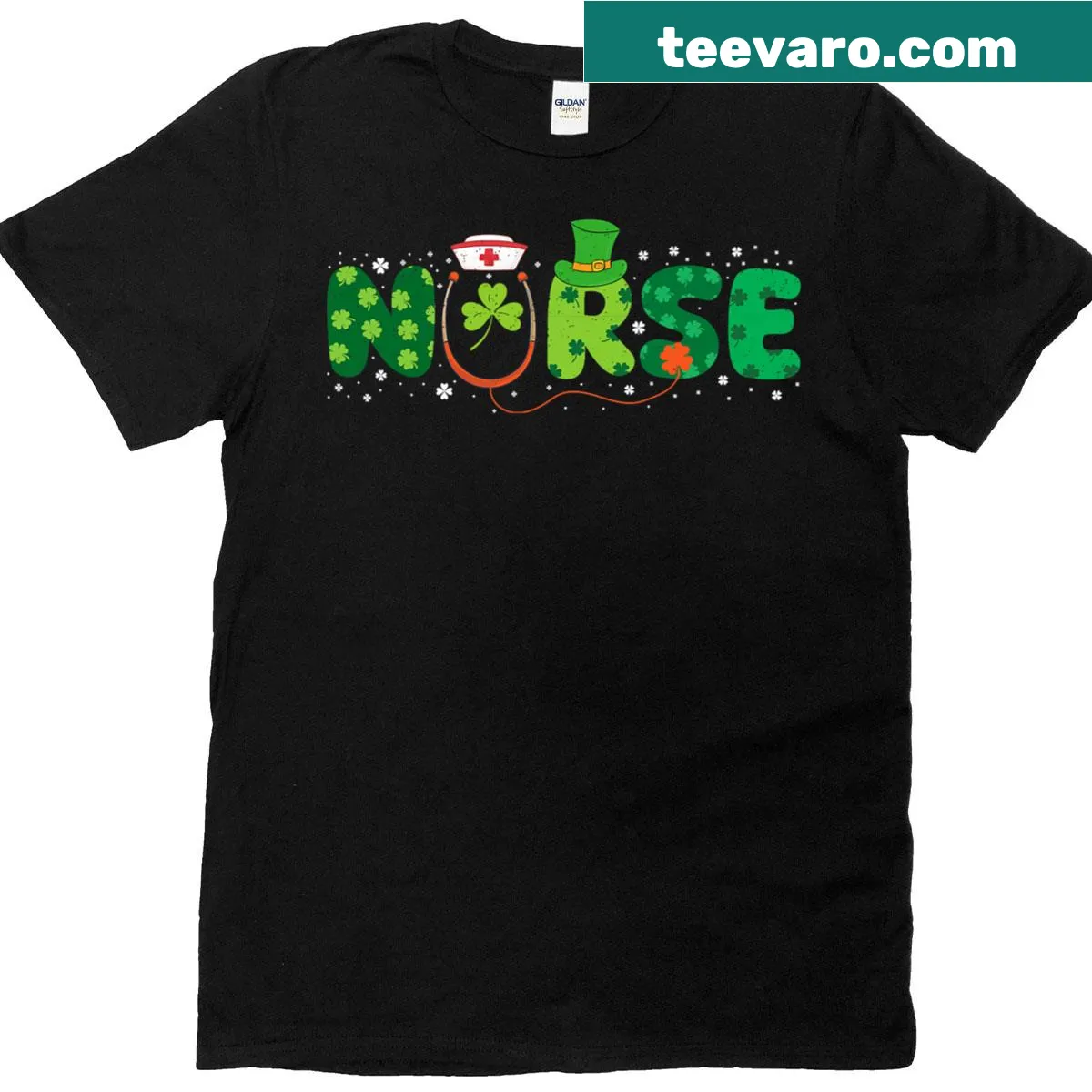 St. Patrick's Day nurse t-shirt with hearts and stethoscope illustration — on a men's t-shirt