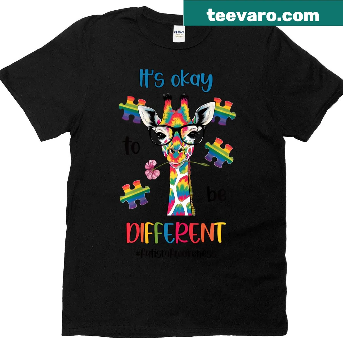 Giraffe illustration promoting autism awareness on a T-shirt — on a men's t-shirt