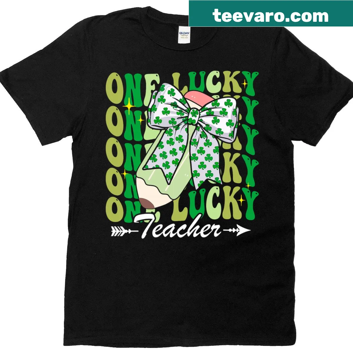 St. Patrick's Day teacher t-shirt featuring a shamrock and coquette bow — on a men's t-shirt