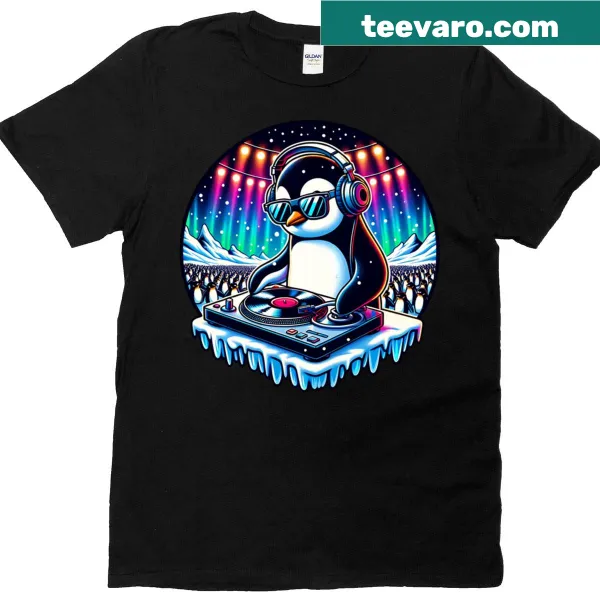 Playful penguin DJ graphic T-shirt