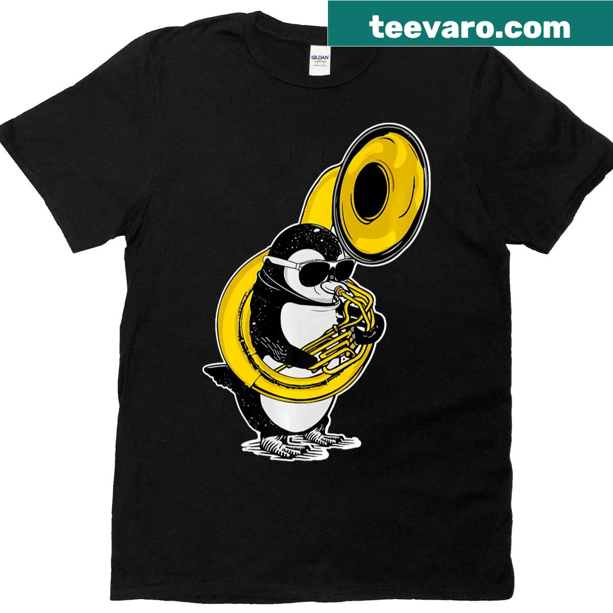Cartoon penguin playing sousaphone graphic T-shirt for music lovers — on a men's t-shirt