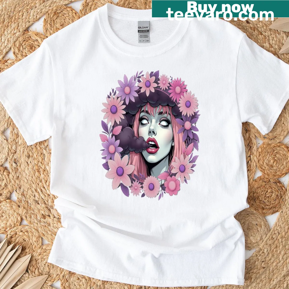 Zombie girl graphic T-shirt with flowers for horror fans — on a men's t-shirt