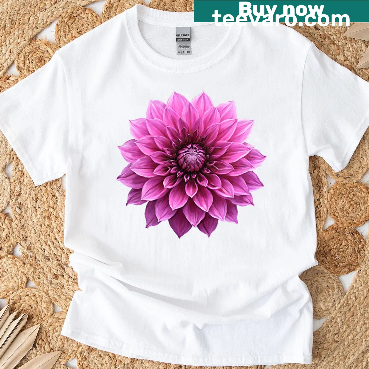 Minimalist dahlia flower graphic T-shirt — on a men's t-shirt