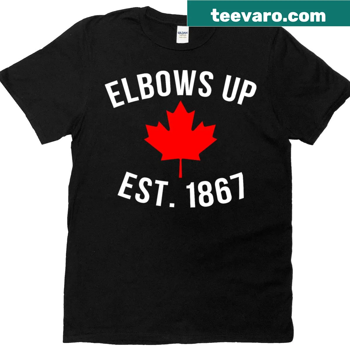Emblematic Canada graphic T-shirt with 'Elbows Up' text. — on a men's t-shirt