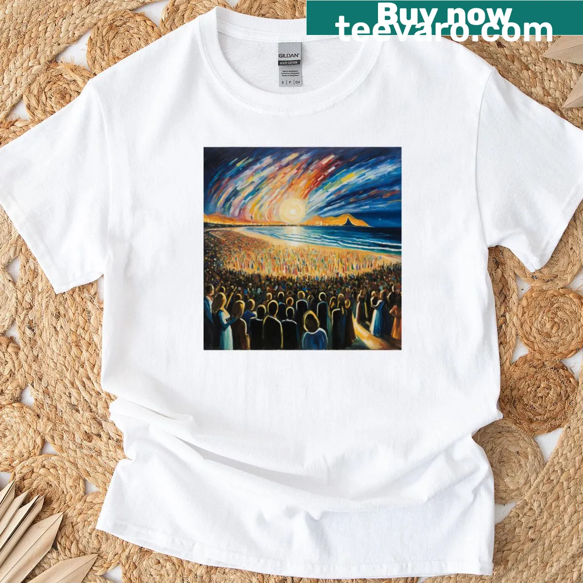 T-shirt featuring a tranquil design of sand and waves. — on a men's t-shirt