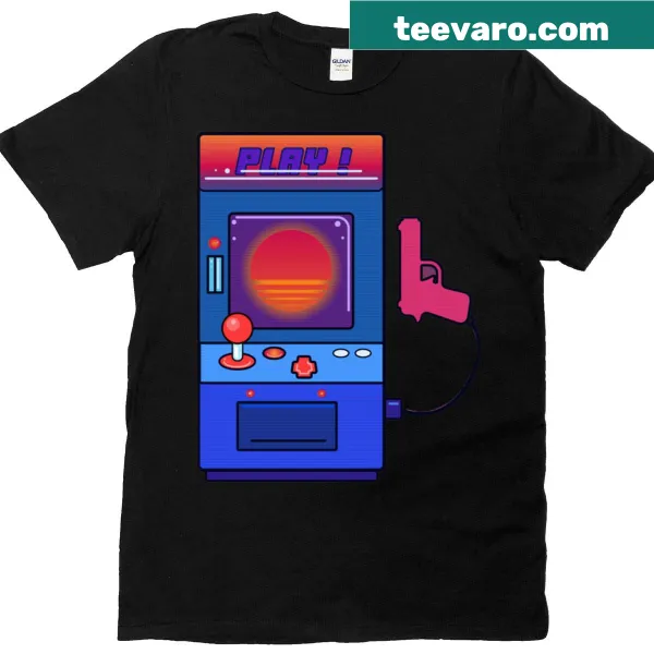 Retro arcade game graphics on a nostalgic gaming T-shirt.