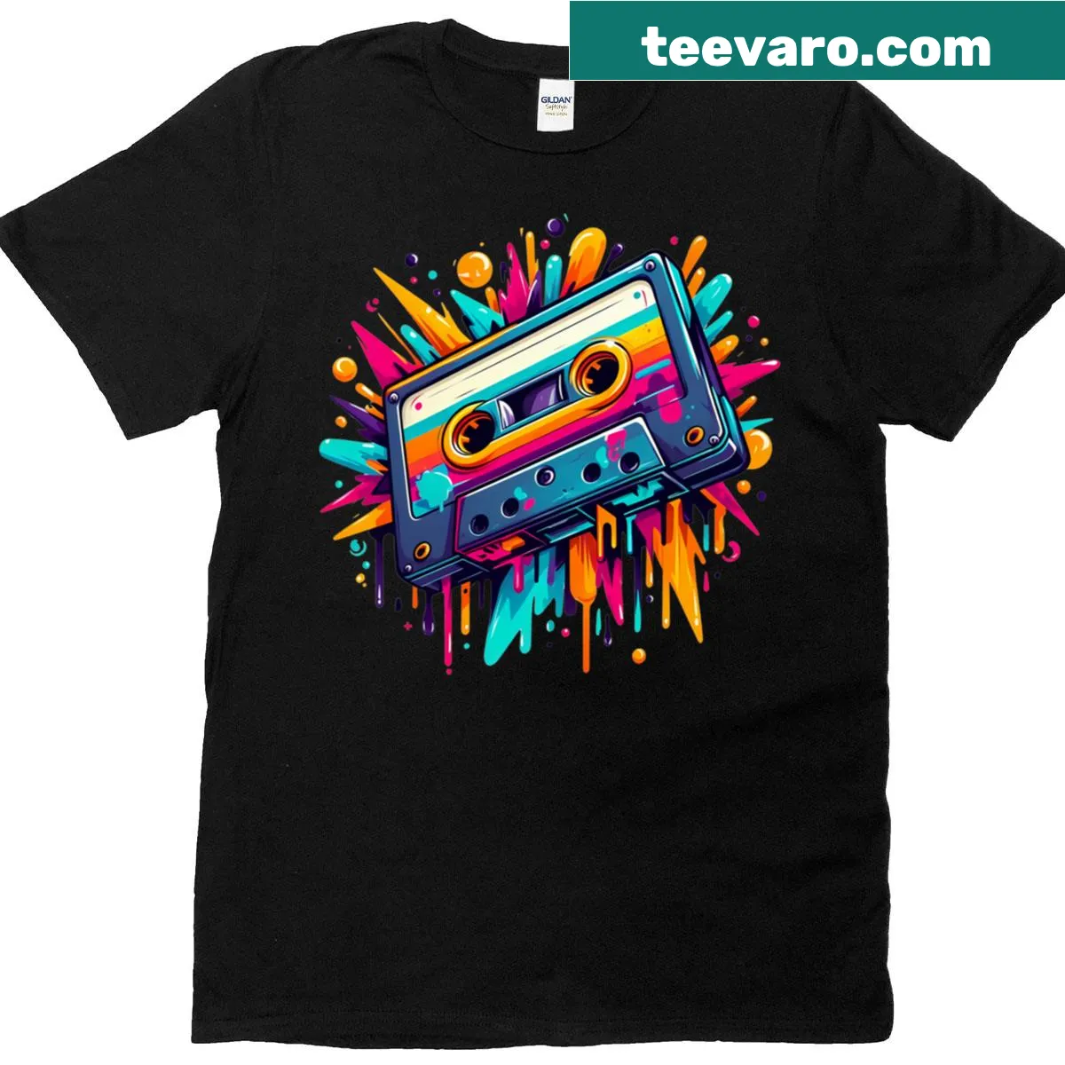 Retro cassette tape t-shirt with a playful design — on a men's t-shirt