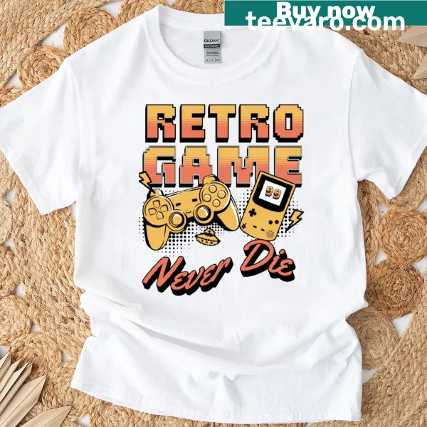 Graphic t-shirt featuring retro gaming consoles and text about gaming fashion