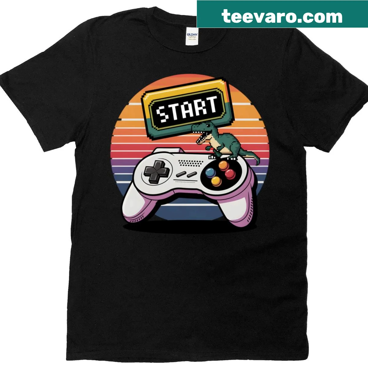 Illustrated T-shirt featuring a traditional video game controller — on a men's t-shirt