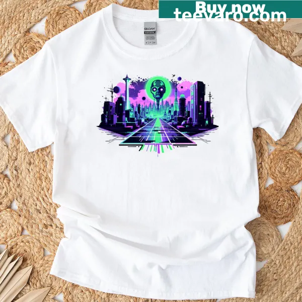 Pixel art graphic of retro gaming on a neon-themed t-shirt