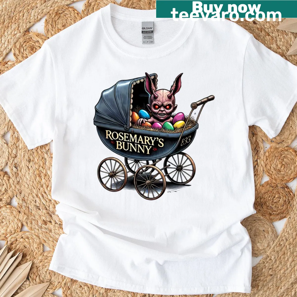 Cartoon bunny parody design blending horror and Easter themes — on a men's t-shirt