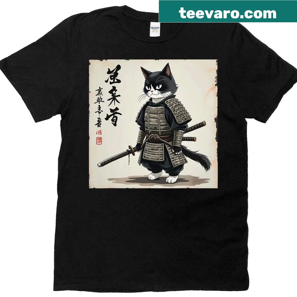 Cartoon graphic of a samurai cat on an anime-themed T-shirt — on a men's t-shirt