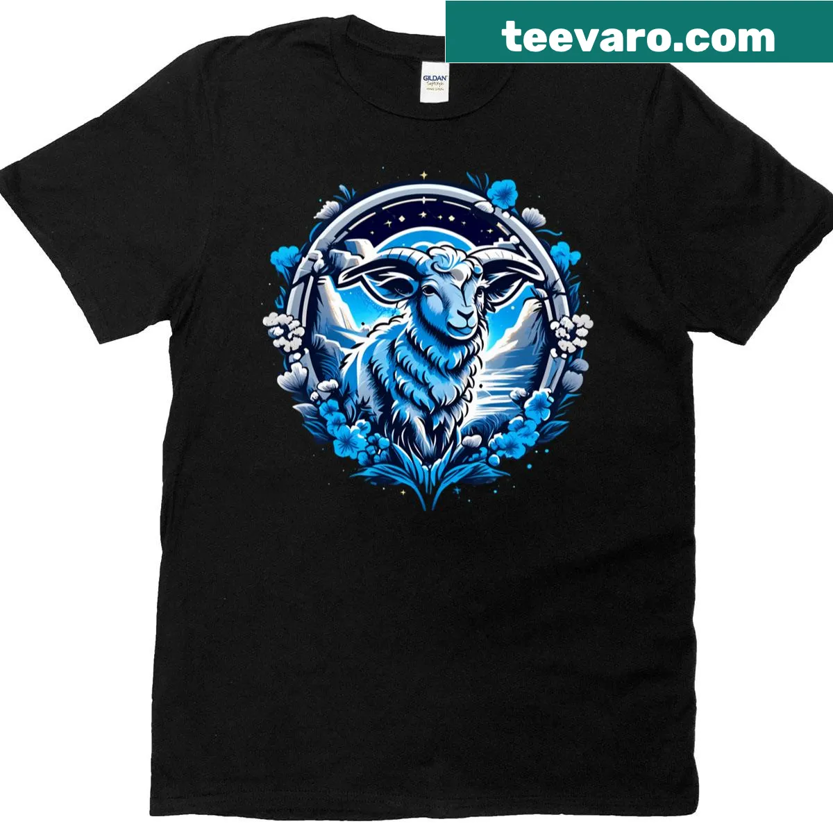 Whimsical illustration of sheep in the night on a t-shirt — on a men's t-shirt