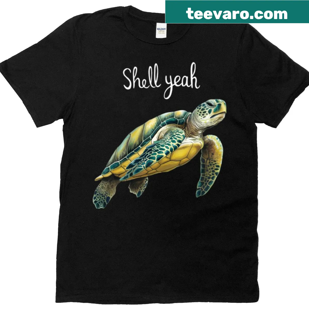 Funny beach pun T-shirt with 'Shell Yeah!' text — on a men's t-shirt