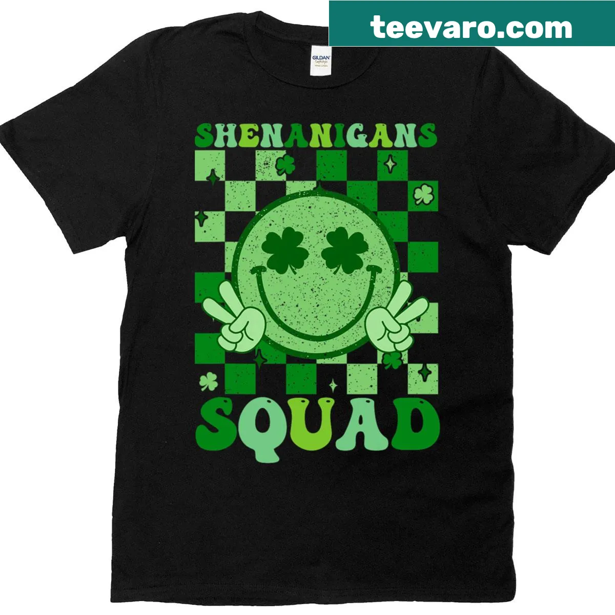 Matching St. Patrick's Day T-shirt for men and kids with 'Shenanigans Squad' text — on a men's t-shirt