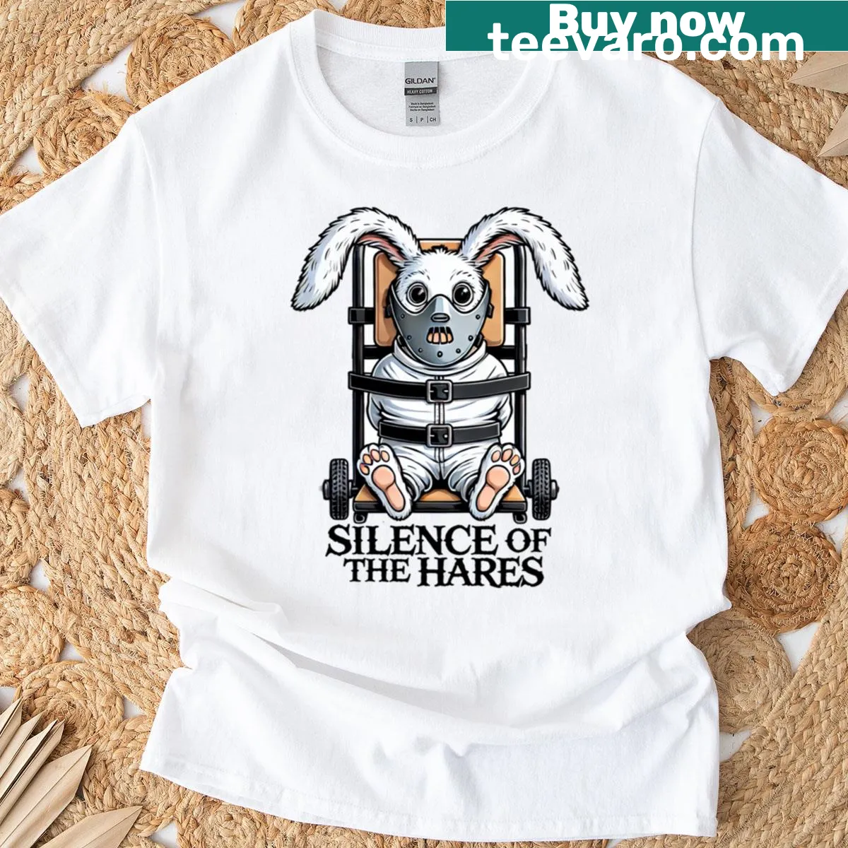 Horror parody t-shirt featuring a bunny and clever design — on a men's t-shirt