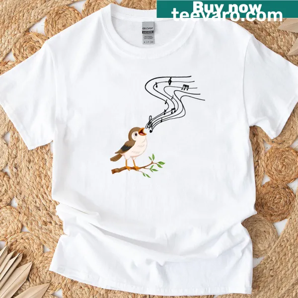 Cute bird watching t-shirt with music notes and whimsical birds