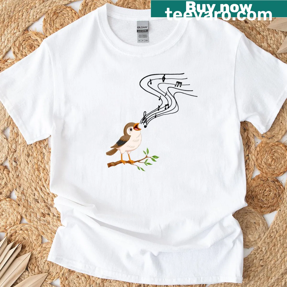 Cute bird watching t-shirt with music notes and whimsical birds — on a men's t-shirt
