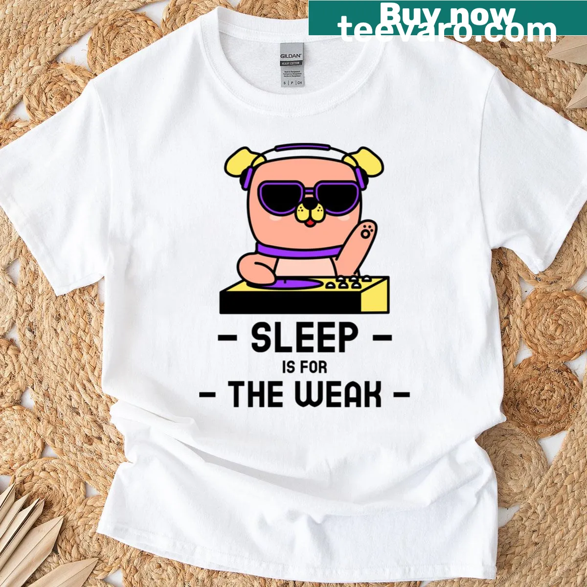 Funny rave t-shirt with the saying 'Sleep Is For The Weak' in bold letters — on a men's t-shirt
