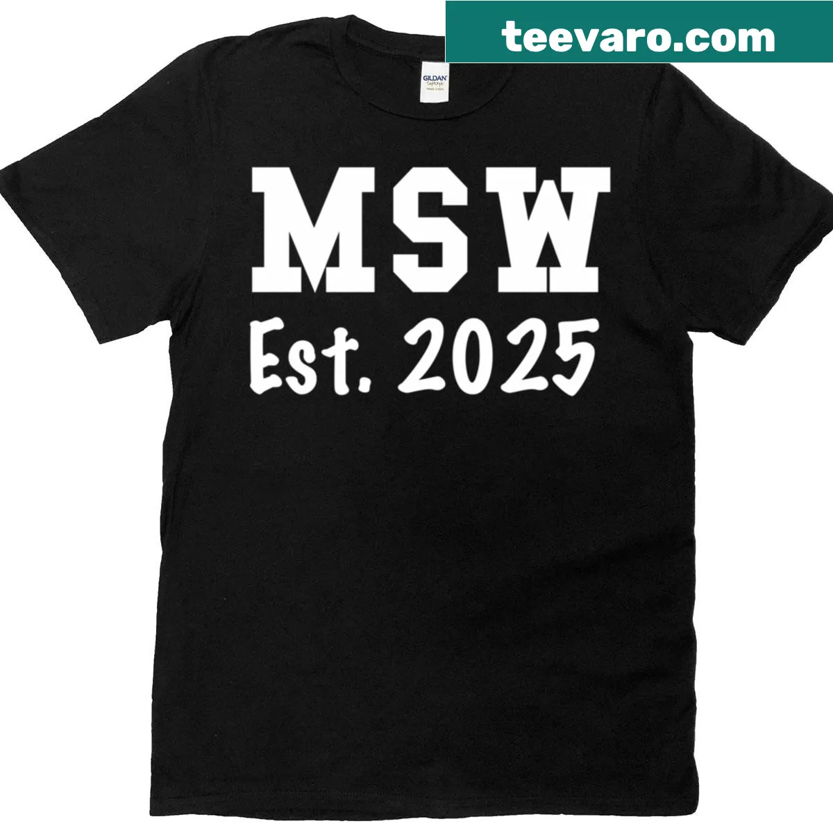 Graduation T-shirt with 'MSW Est. 2025' text — on a men's t-shirt