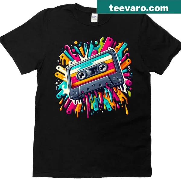 Retro cassette explosion t-shirt celebrating music nostalgia