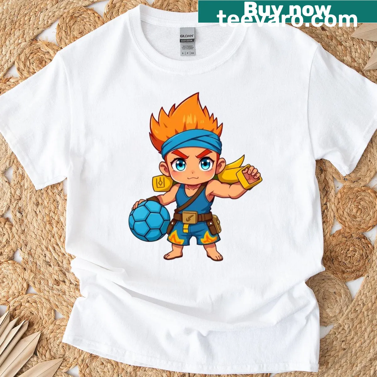 Cartoon chibi character representing sports enthusiasm on a T-shirt — on a men's t-shirt