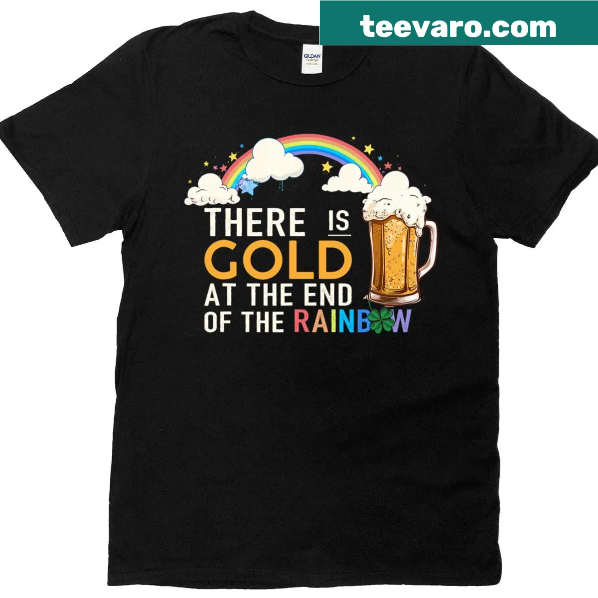 St. Patrick's Day t-shirt featuring a whimsical beer and rainbow design — on a men's t-shirt