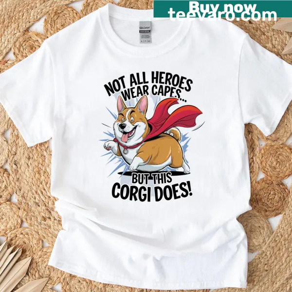 Cute cartoon T-shirt featuring a fluffy superhero corgi