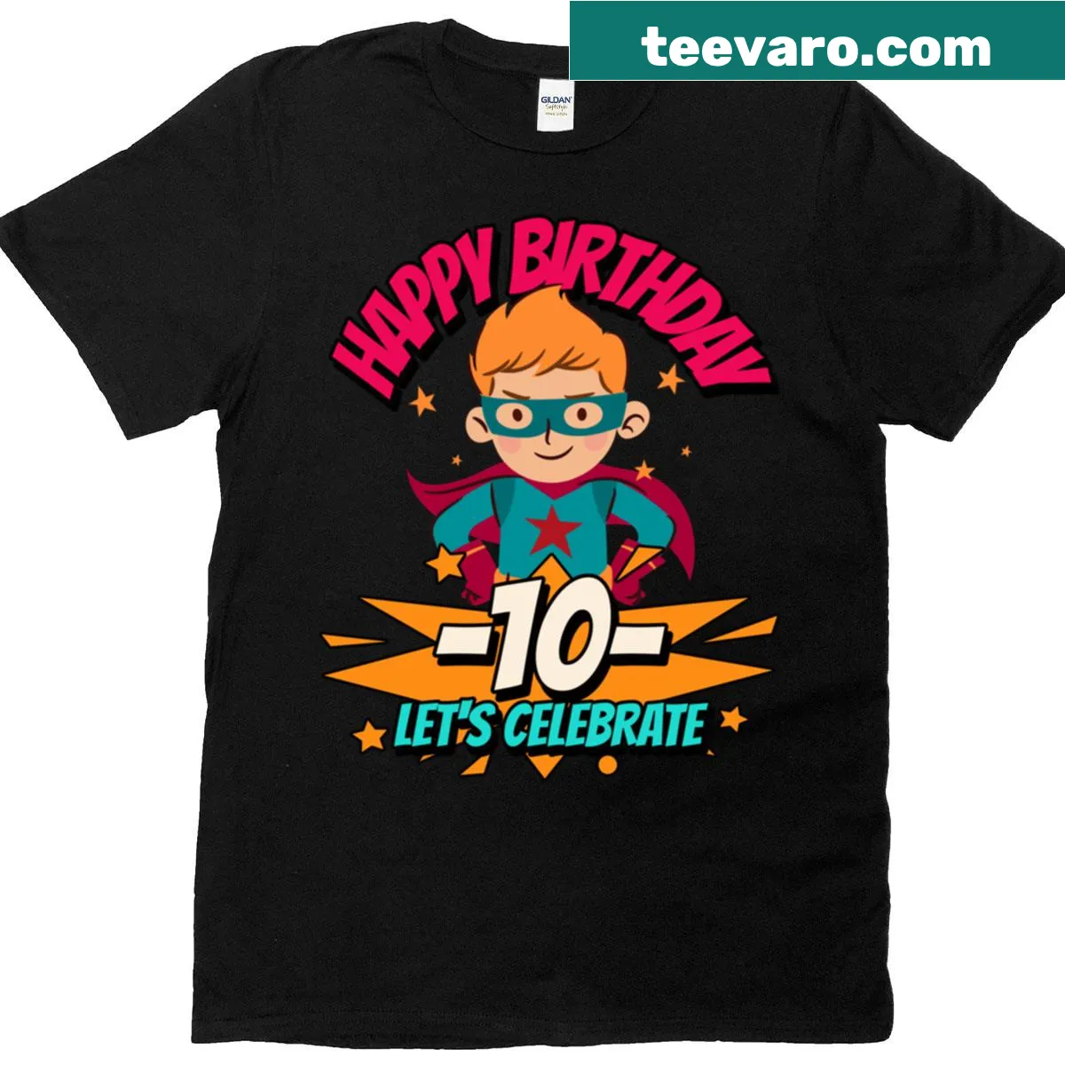 Superhero-themed t-shirt for kids celebrating 10th birthday — on a men's t-shirt