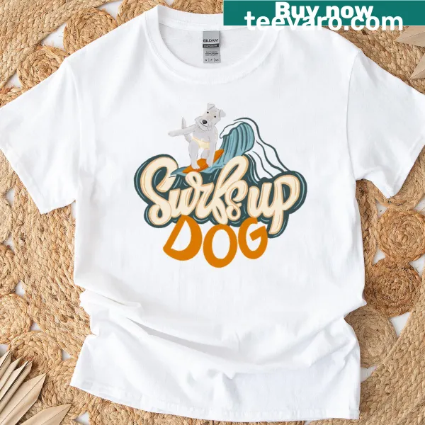 Whimsical dog surfing graphic on a kids T-shirt