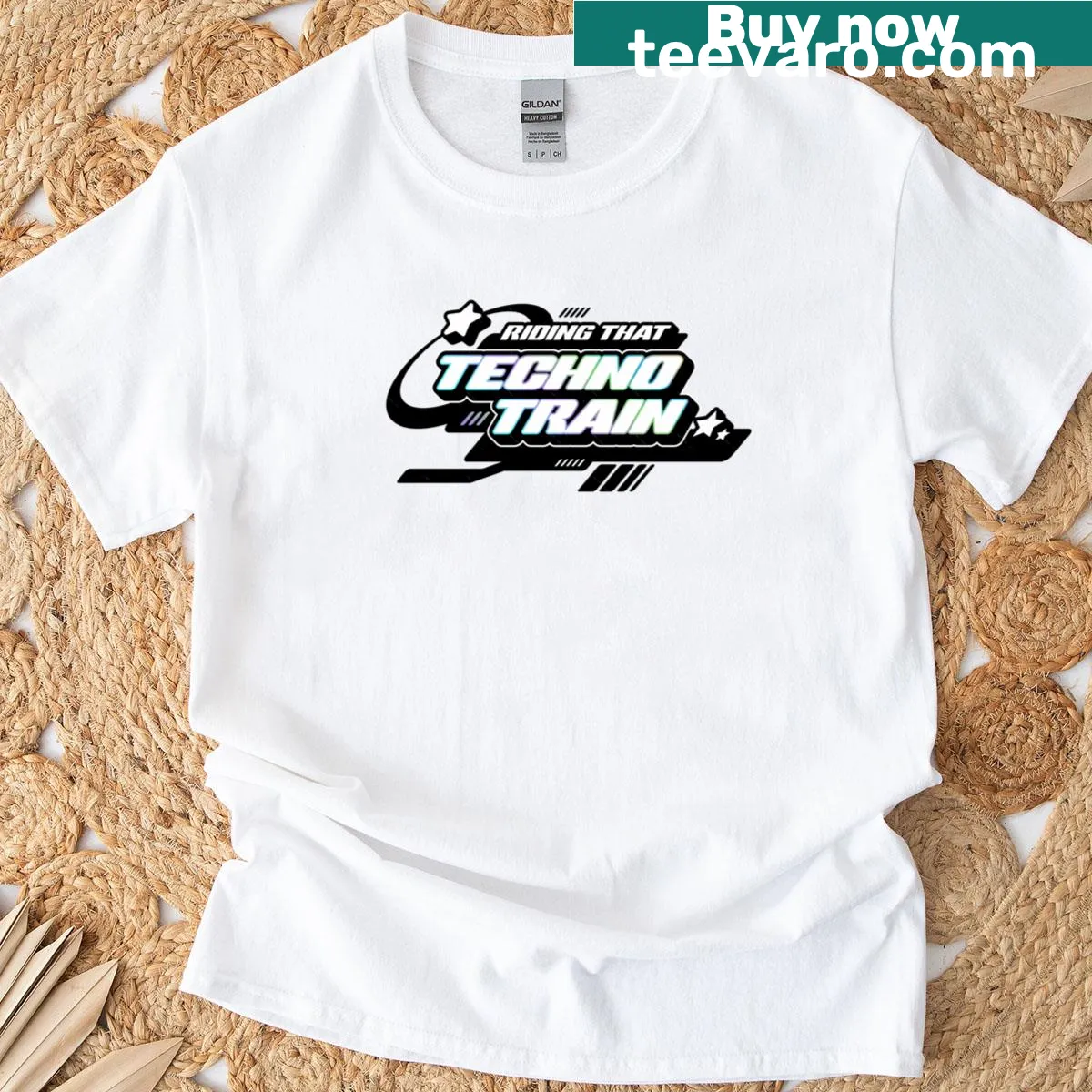 Cartoon train graphic with a tech twist on a T-shirt — on a men's t-shirt