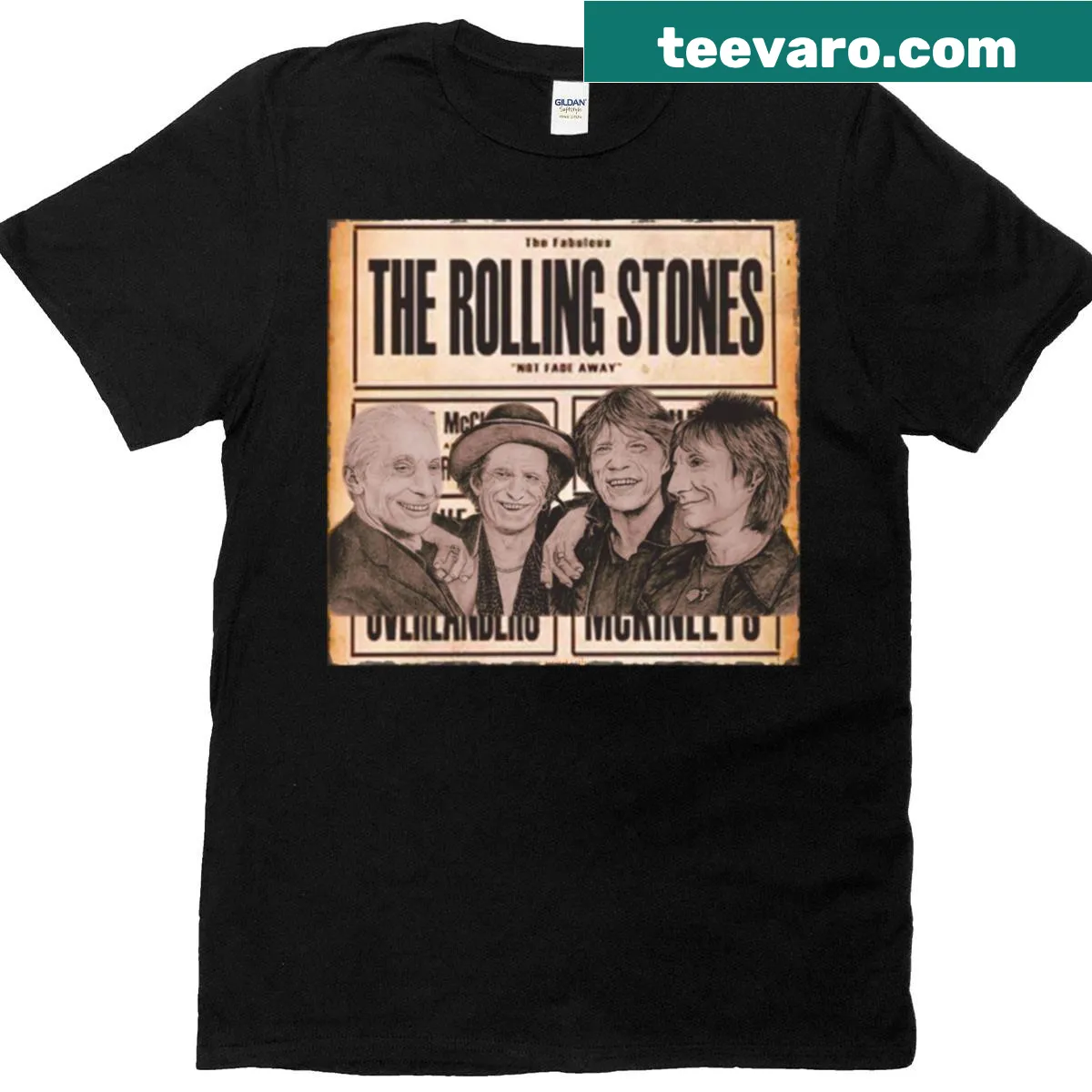 Vintage distressed Rolling Stones t-shirt with 'Not Fade Away' text — on a men's t-shirt