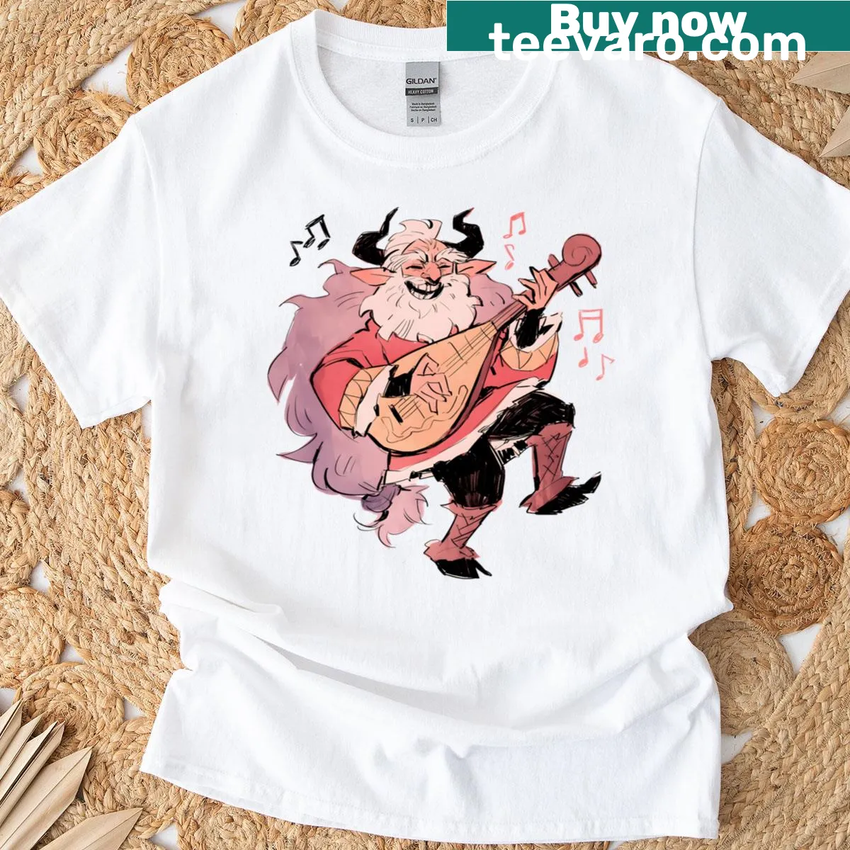 T-shirt featuring a whimsical satyr illustration — on a men's t-shirt