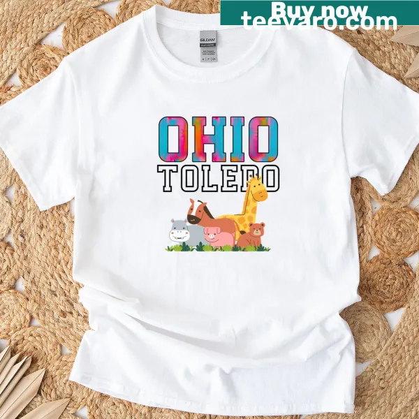 Whimsical T-shirt featuring illustrations of animals from the Ohio Zoo