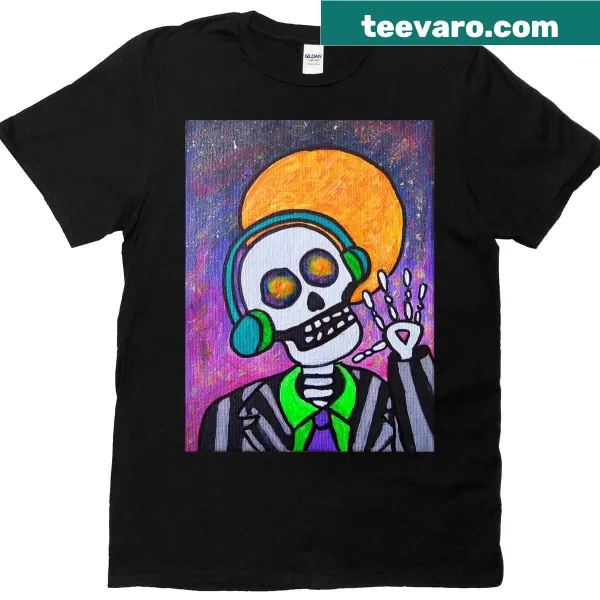Abstract design featuring swirling bones and colors on a T-shirt