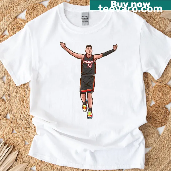 Cartoon-style t-shirt featuring Tyler Herro's 3 point celebration