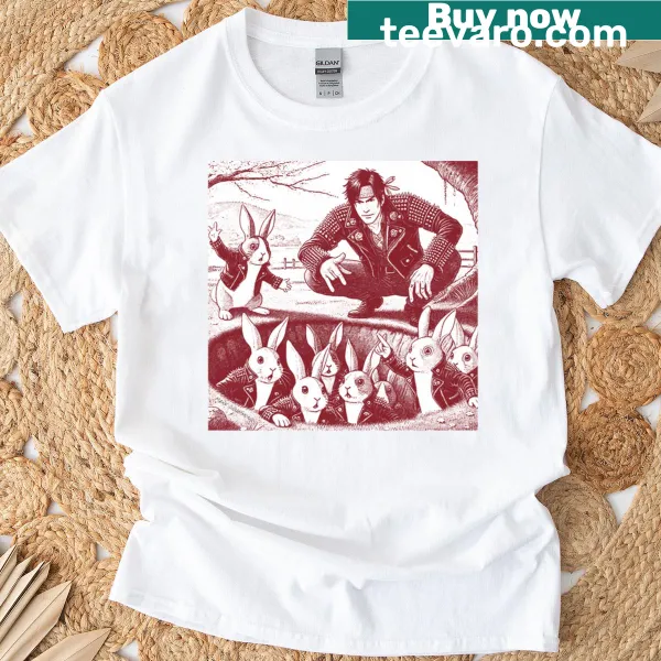 Cartoon t-shirt featuring playful rabbits and a whimsical wabbit hole