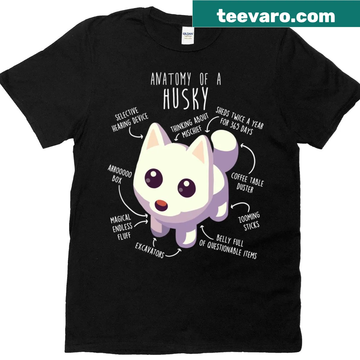 Illustrative t-shirt of white husky dog anatomy — on a men's t-shirt