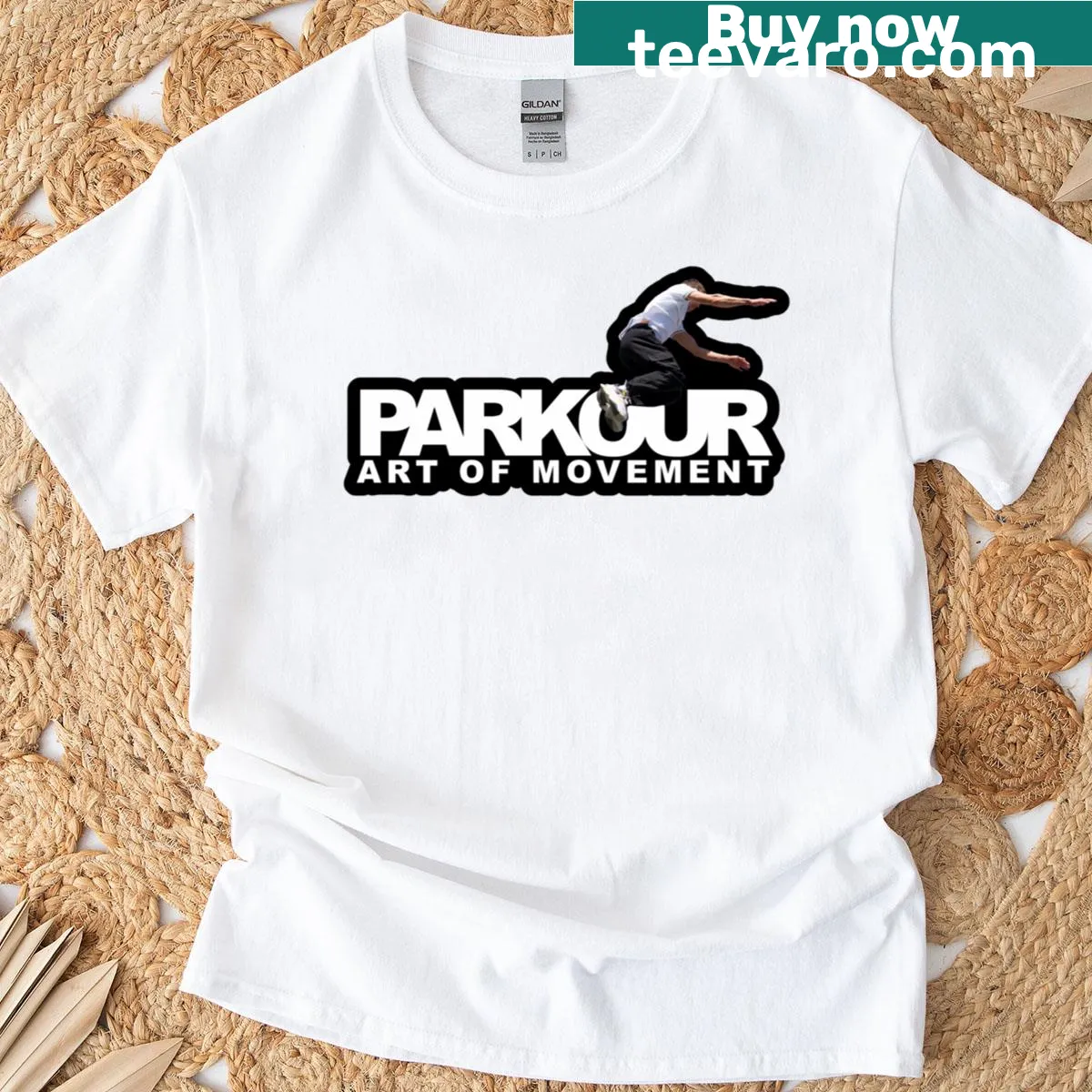 Silhouette of a parkour jumper on a t-shirt with colored background — on a men's t-shirt