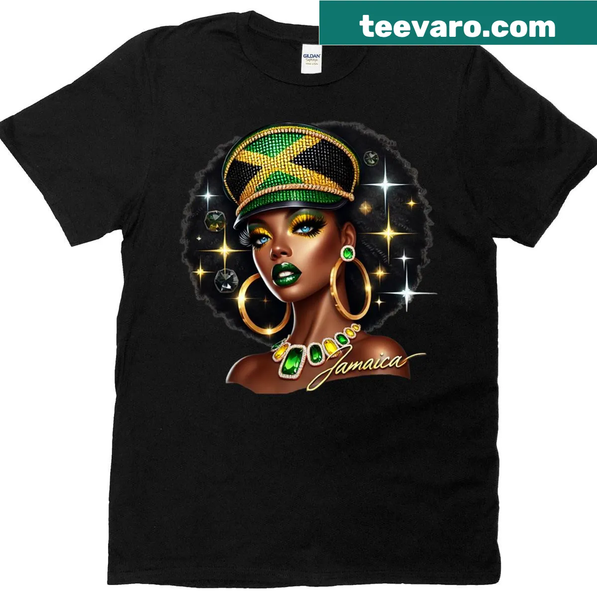 Jamaican flag design T-shirt for women — on a men's t-shirt