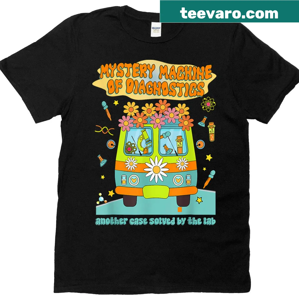 Playful Mystery Machine graphic for lab techs on T-shirt — on a men's t-shirt
