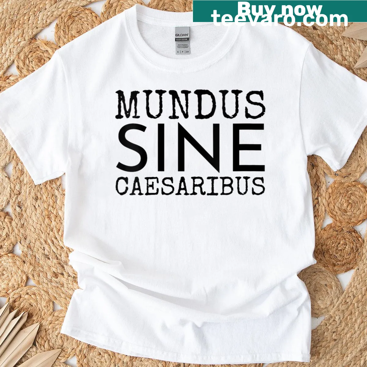 V-neck T-shirt featuring 'Mundus Sine Caesaribus' text design — on a men's t-shirt